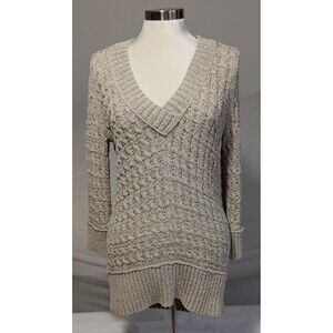 DKNY Size Med Beige Open Knit Sweater Cotton Blend Deep V Neck EUC
